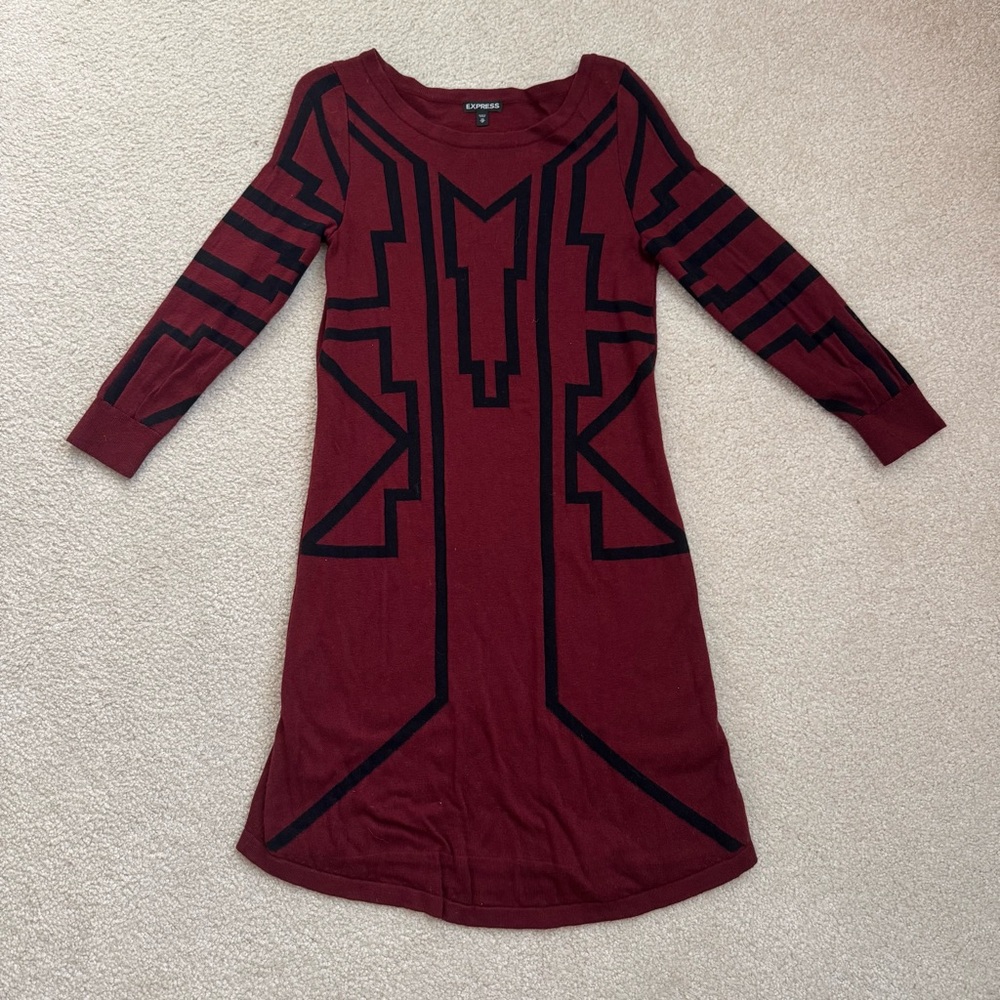 Express  Burgundy Geometric Print Sweater Dress